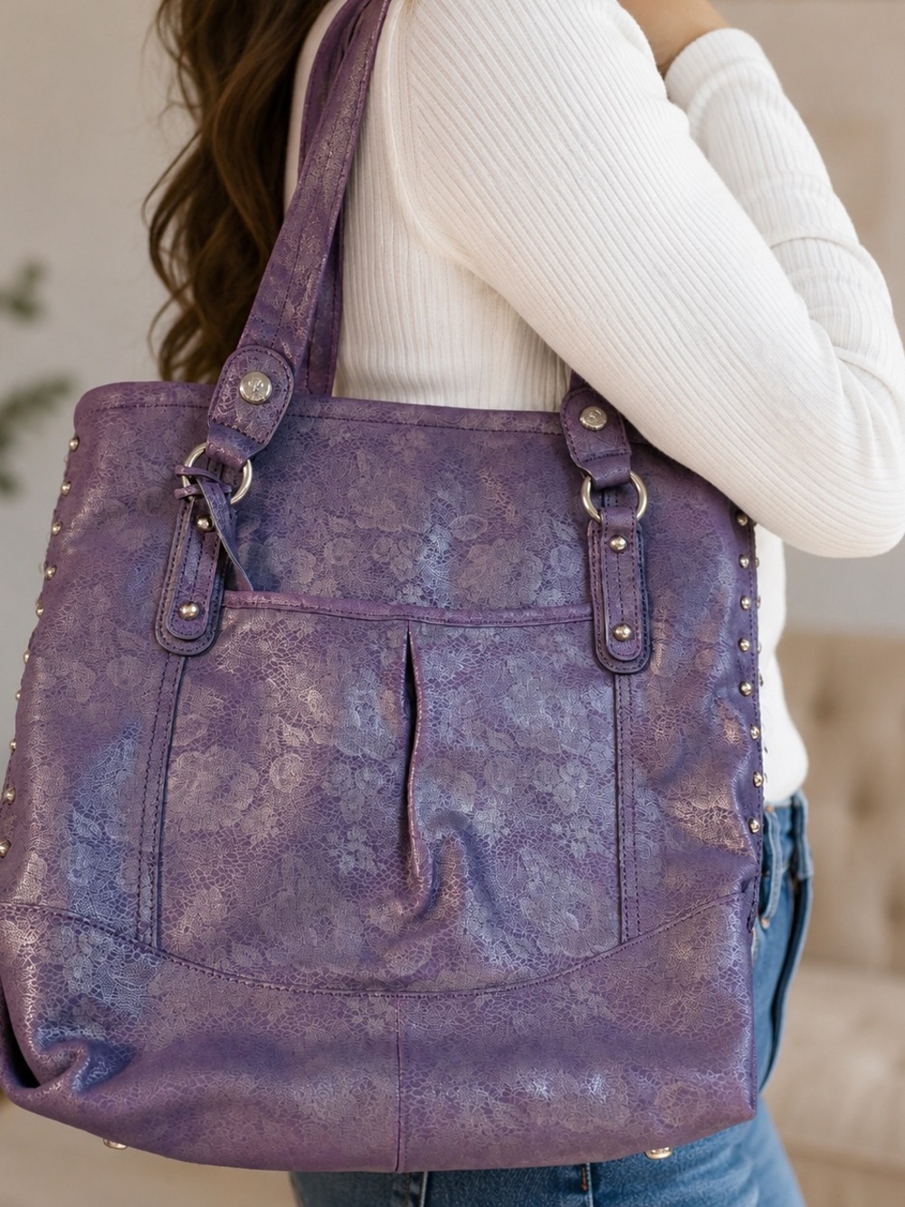 B. Makowsky Purple Floral Genuine Leather Shoulder Bag